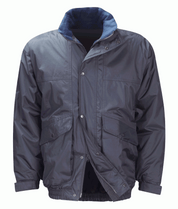 dark navy insulated jacket with a water-resistant outer shell, zip and snap-button closure, storm flap, fleece-lined collar, and dual front flap pockets for utility and warmth  by MAK Boots & Garments.
