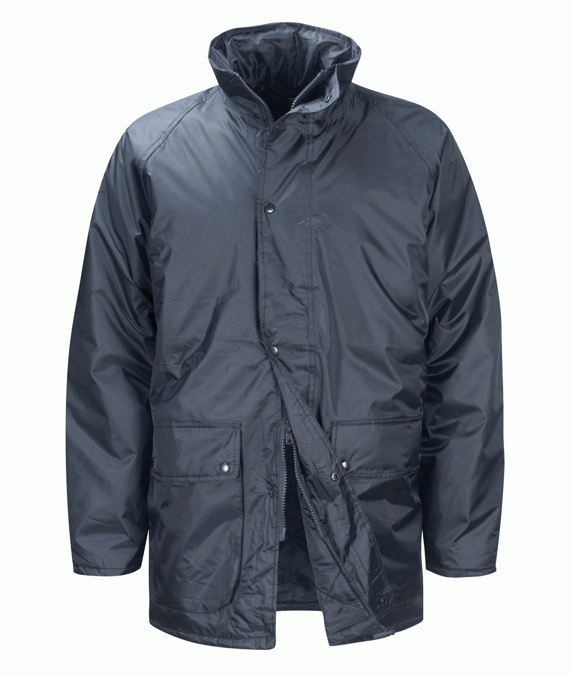 dark navy waterproof jacket with a high collar, dual front flap pockets, and a snap-button storm flap over a full zip closure, built for rugged utility and all-weather reliability by MAK Boots & Garments.