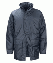 dark navy waterproof jacket with a high collar, dual front flap pockets, and a snap-button storm flap over a full zip closure, built for rugged utility and all-weather reliability by MAK Boots & Garments.
