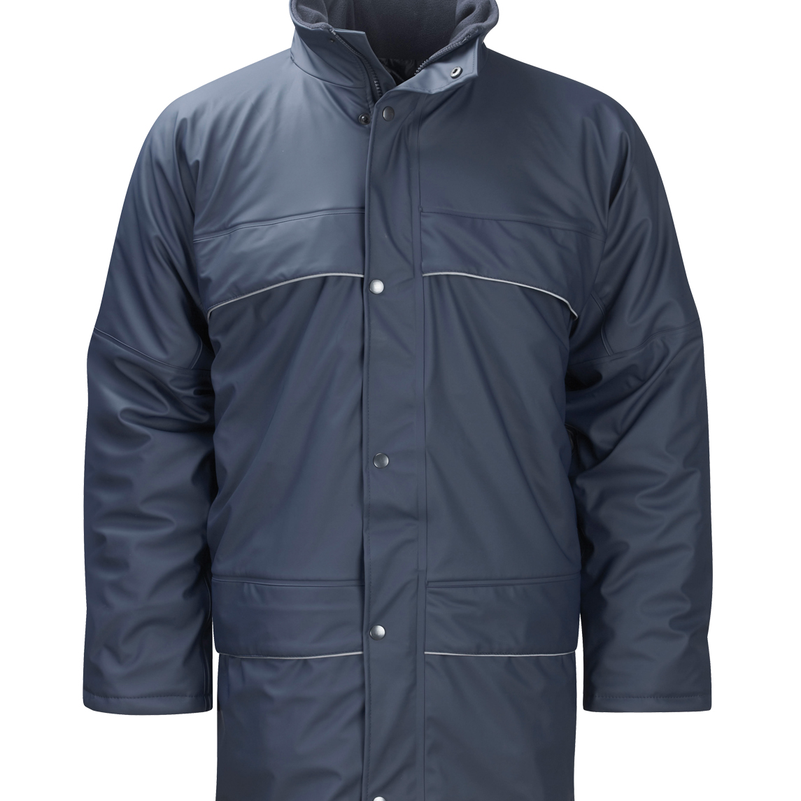 deep navy insulated jacket with a high fleece-lined collar, piped seam detailing, snap-button and zip front closure, and multiple utility pockets for warmth, weather protection, and structured style by MAK Boots & Garments.