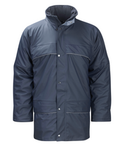 deep navy insulated jacket with a high fleece-lined collar, piped seam detailing, snap-button and zip front closure, and multiple utility pockets for warmth, weather protection, and structured style by MAK Boots & Garments.