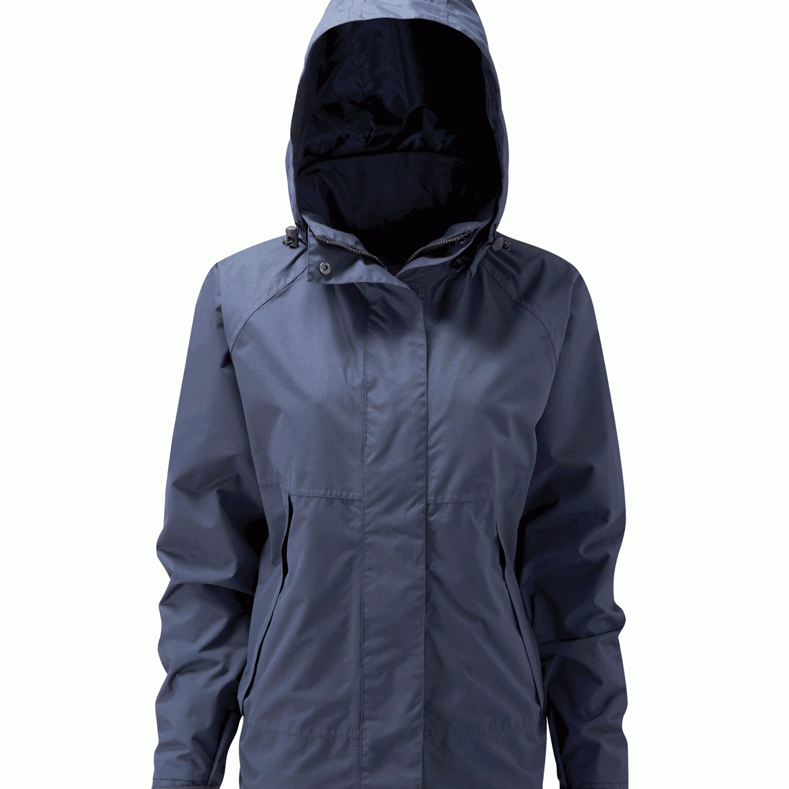 female matte navy hooded jacket with a minimalist design, featuring a full front zipper with snap-flap coverage, adjustable cuffs, and a storm-ready silhouette built for stealth and utility by MAK Boots & Garments.