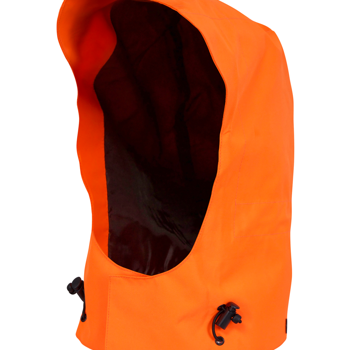 High-visibility orange GORE-TEX waterproof detachable hood with black inner lining and dual adjustable toggle cords. Engineered for use with hi-vis jackets in hazardous environments.