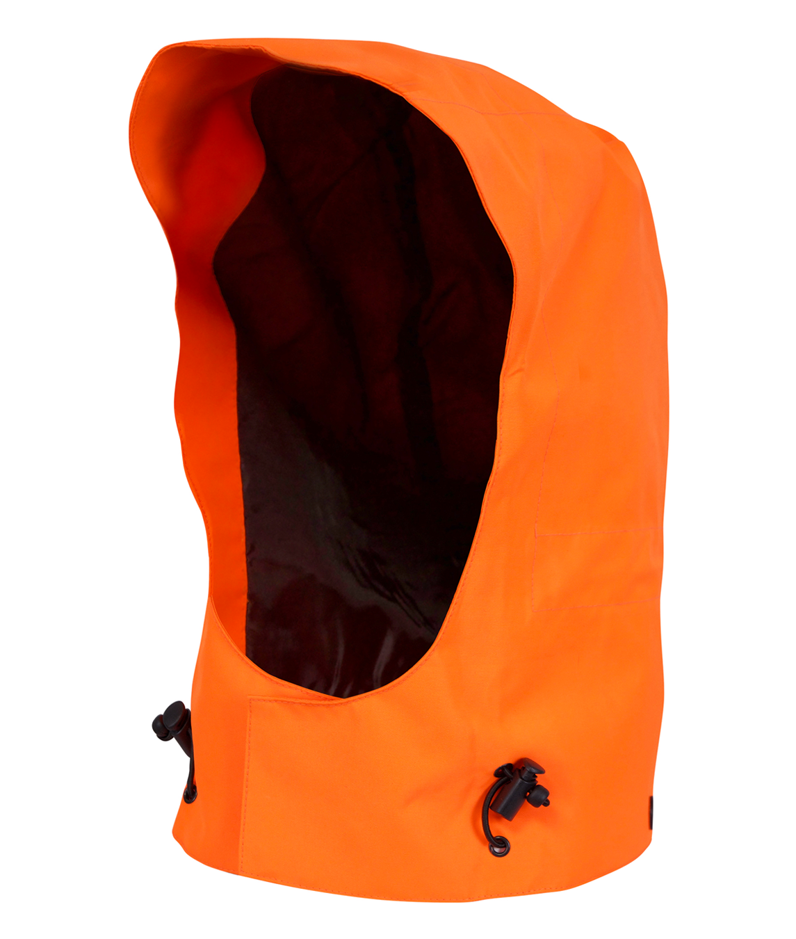 High-visibility orange GORE-TEX waterproof detachable hood with black inner lining and dual adjustable toggle cords. Engineered for use with hi-vis jackets in hazardous environments.