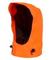 High-visibility orange GORE-TEX waterproof detachable hood with black inner lining and dual adjustable toggle cords. Engineered for use with hi-vis jackets in hazardous environments.