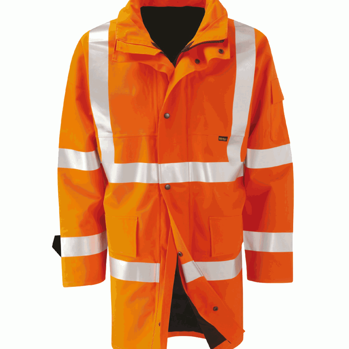 High-visibility orange GORE-TEX waterproof safety jacket with reflective tape and storm flap. Ideal for industrial environments requiring maximum visibility and weather protection.
