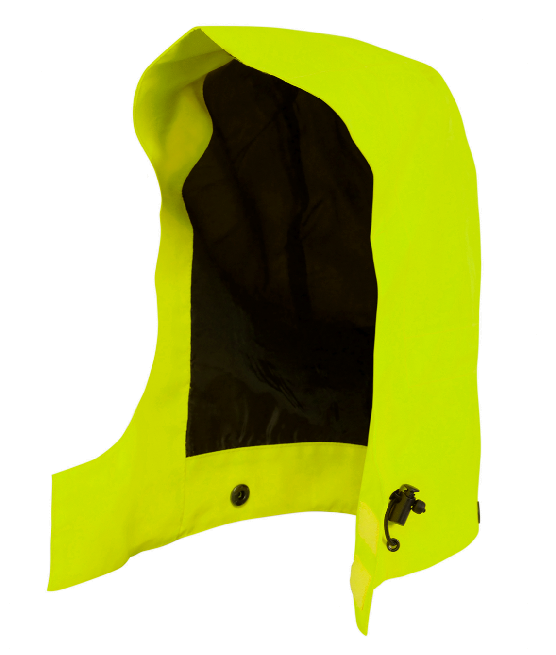 Detachable fluorescent yellow GORE-TEX waterproof hood with black inner lining, adjustable toggle cord, and button fastening. Designed for visibility and compatibility with hi-vis rain jackets.