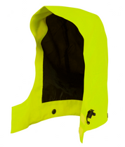 Detachable fluorescent yellow GORE-TEX waterproof hood with black inner lining, adjustable toggle cord, and button fastening. Designed for visibility and compatibility with hi-vis rain jackets.