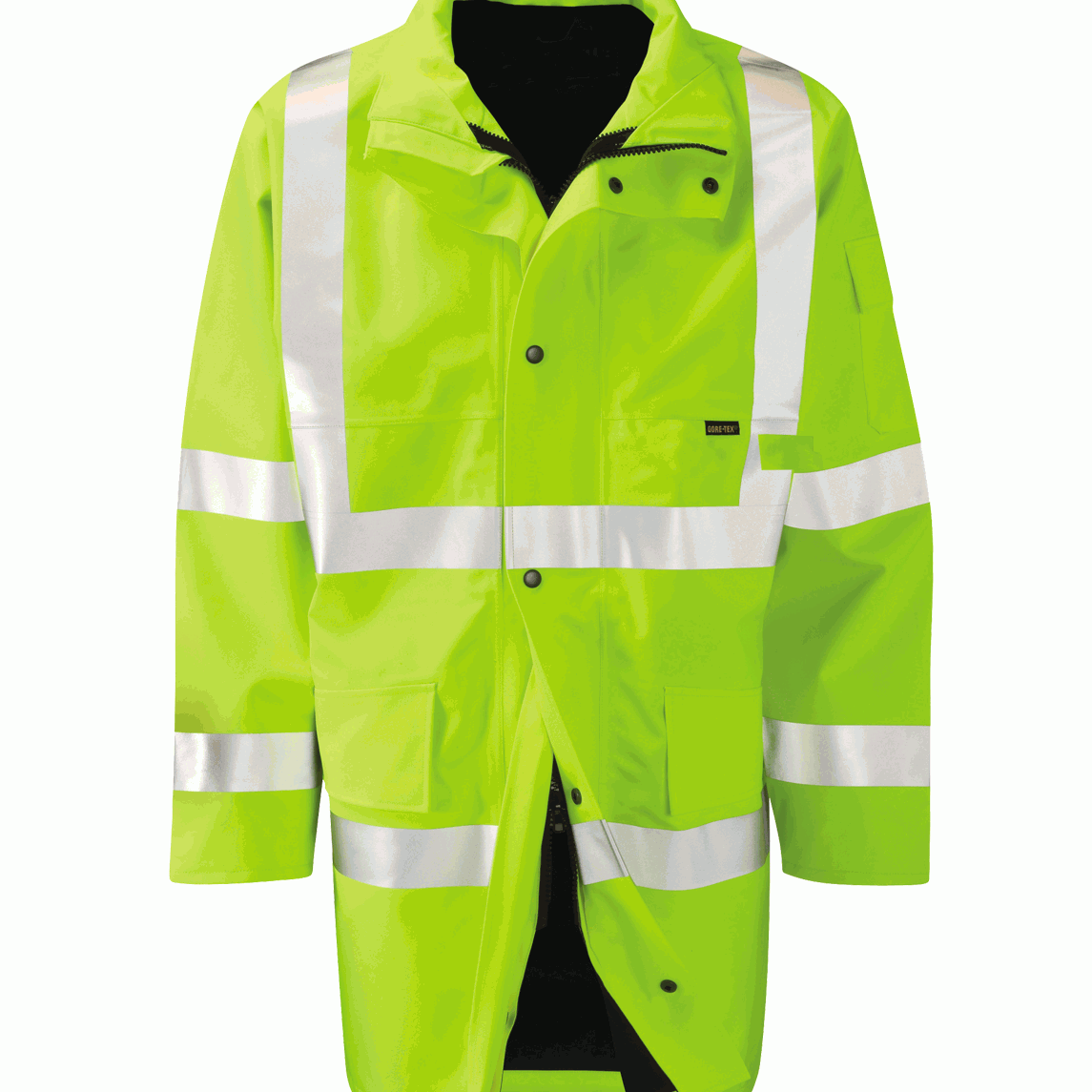 High-visibility yellow GORE-TEX waterproof long-length safety jacket with reflective tape and concealed storm flap. Designed for harsh weather and hazardous environments.