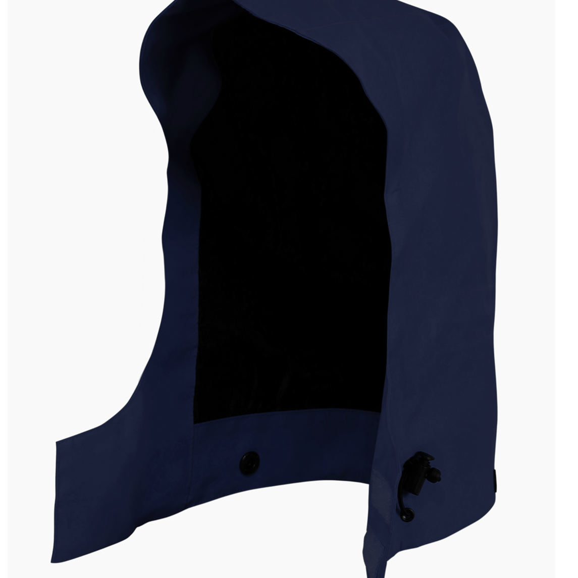 Detachable navy blue GORE-TEX waterproof hood with black fleece lining, adjustable toggle cord, and button fastening. Compatible with industrial rain jackets for enhanced weather protection.