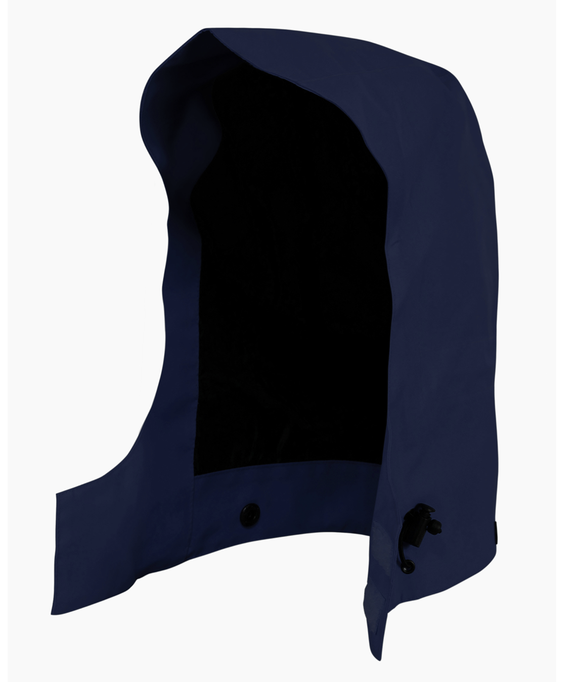 Detachable navy blue GORE-TEX waterproof hood with black fleece lining, adjustable toggle cord, and button fastening. Compatible with industrial rain jackets for enhanced weather protection.