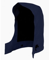 Detachable navy blue GORE-TEX waterproof hood with black fleece lining, adjustable toggle cord, and button fastening. Compatible with industrial rain jackets for enhanced weather protection.