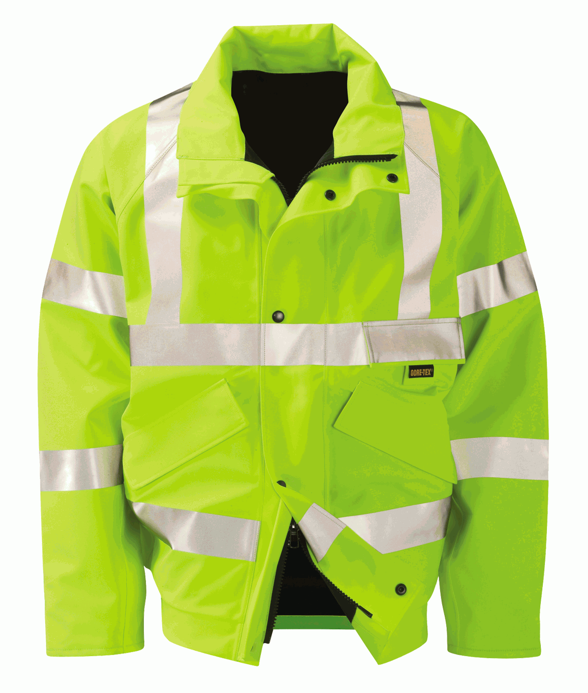Hi-vis lime green waterproof jacket with silver reflective tape, made from breathable and durable GORE-TEX® fabric. Designed for high-risk environments like rail, construction, utilities, and roadside operations. Weatherproof outerwear with storm flap, secure pockets, and adjustable cuffs. Premium PPE by MAK Boots & Garments.