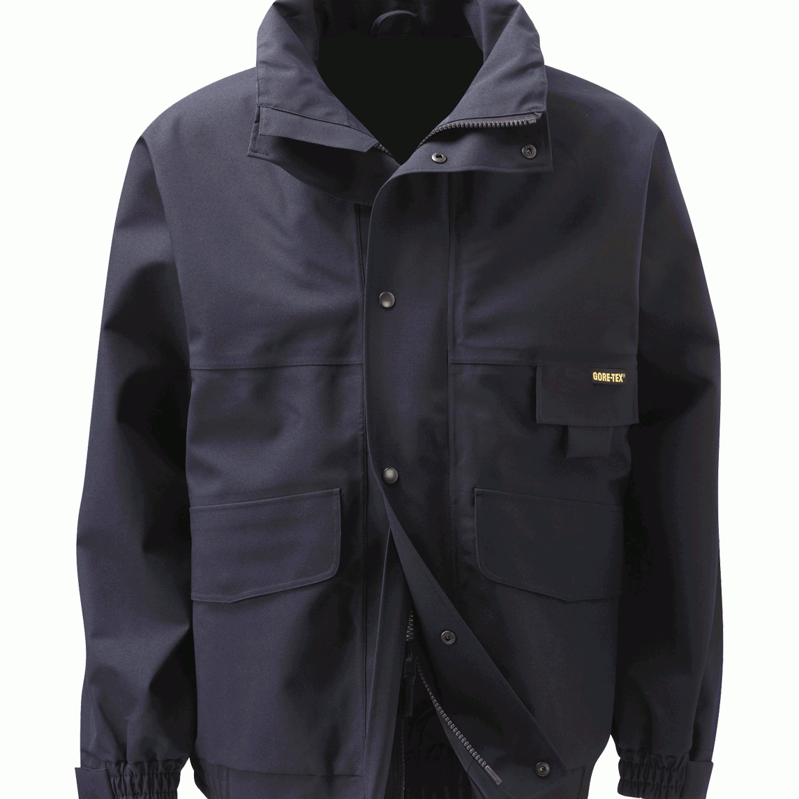 Dark navy waterproof work jacket with GORE-TEX® protection, featuring front storm flap, large flap pockets, adjustable cuffs, and breathable fabric. Designed for durability and all-weather performance in industrial or offshore environments.