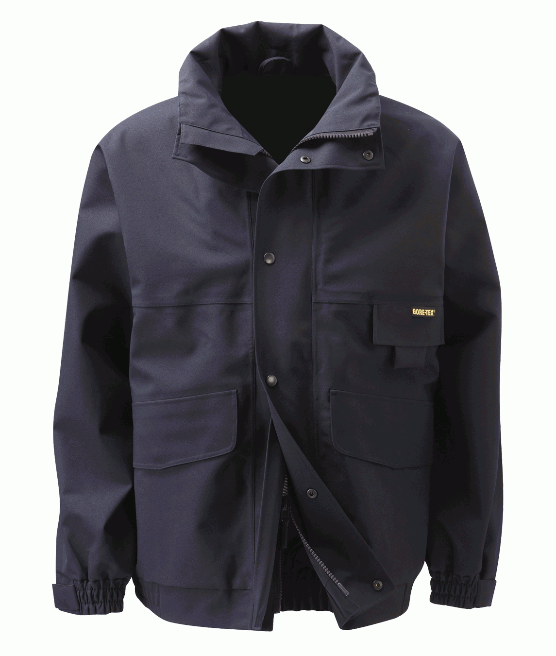 Dark navy waterproof work jacket with GORE-TEX® protection, featuring front storm flap, large flap pockets, adjustable cuffs, and breathable fabric. Designed for durability and all-weather performance in industrial or offshore environments.