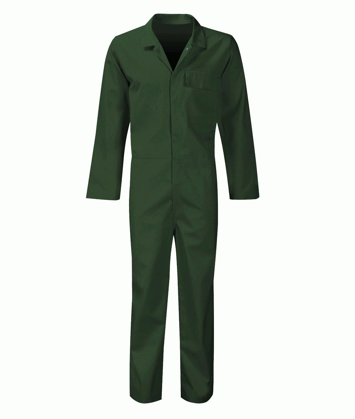 Olive green fire-retardant poly-cotton coverall with a single chest pocket, press-stud front, and long sleeves. Lightweight flame-resistant garment designed for industrial, agricultural, and maintenance work. Reliable safety workwear by MAK Boots & Garments.