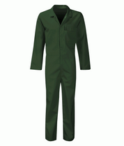Olive green fire-retardant poly-cotton coverall with a single chest pocket, press-stud front, and long sleeves. Lightweight flame-resistant garment designed for industrial, agricultural, and maintenance work. Reliable safety workwear by MAK Boots & Garments.