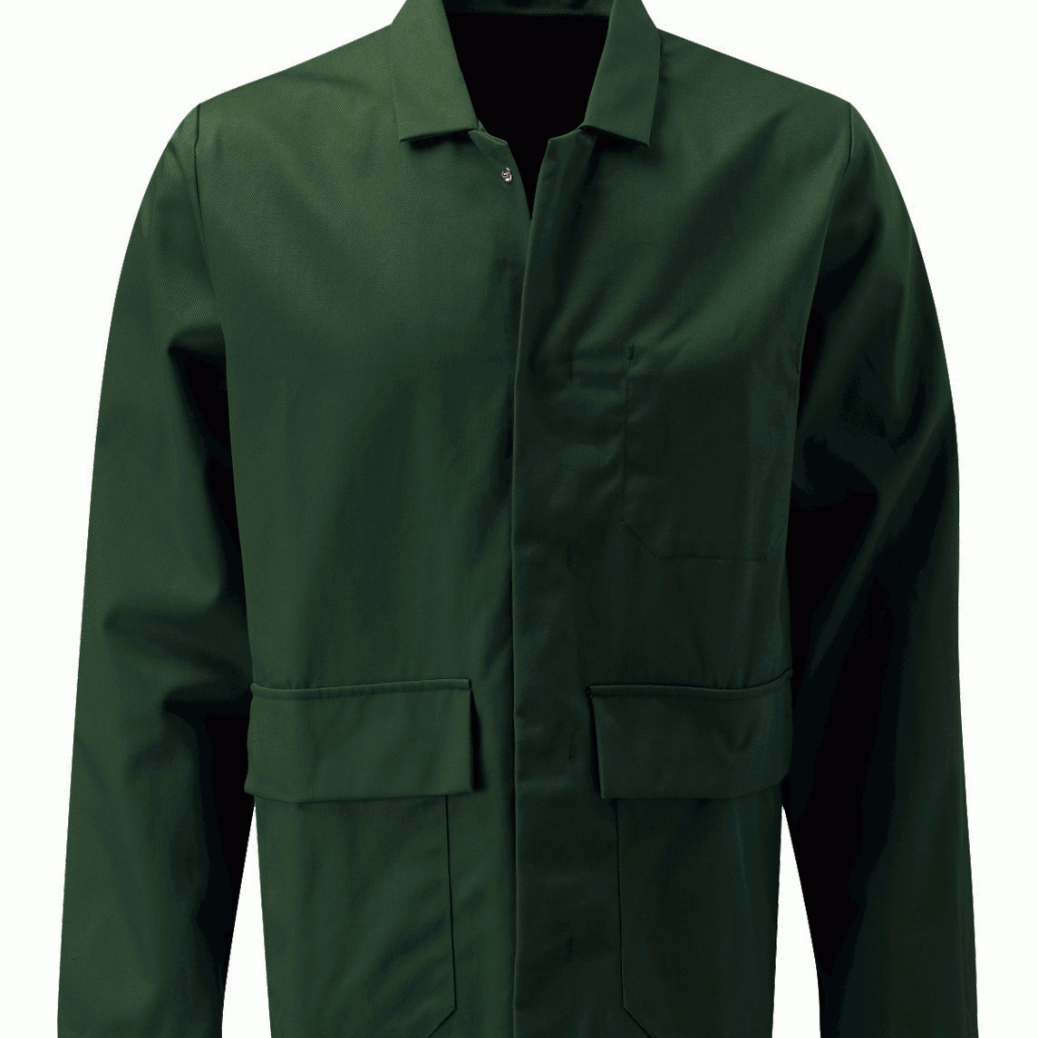 Olive green fire-retardant poly-cotton work jacket with concealed press-stud front, chest pocket, and dual lower pockets. Flame-resistant outerwear for industrial, mechanical, and maintenance applications. Protective jacket by MAK Boots & Garments.
