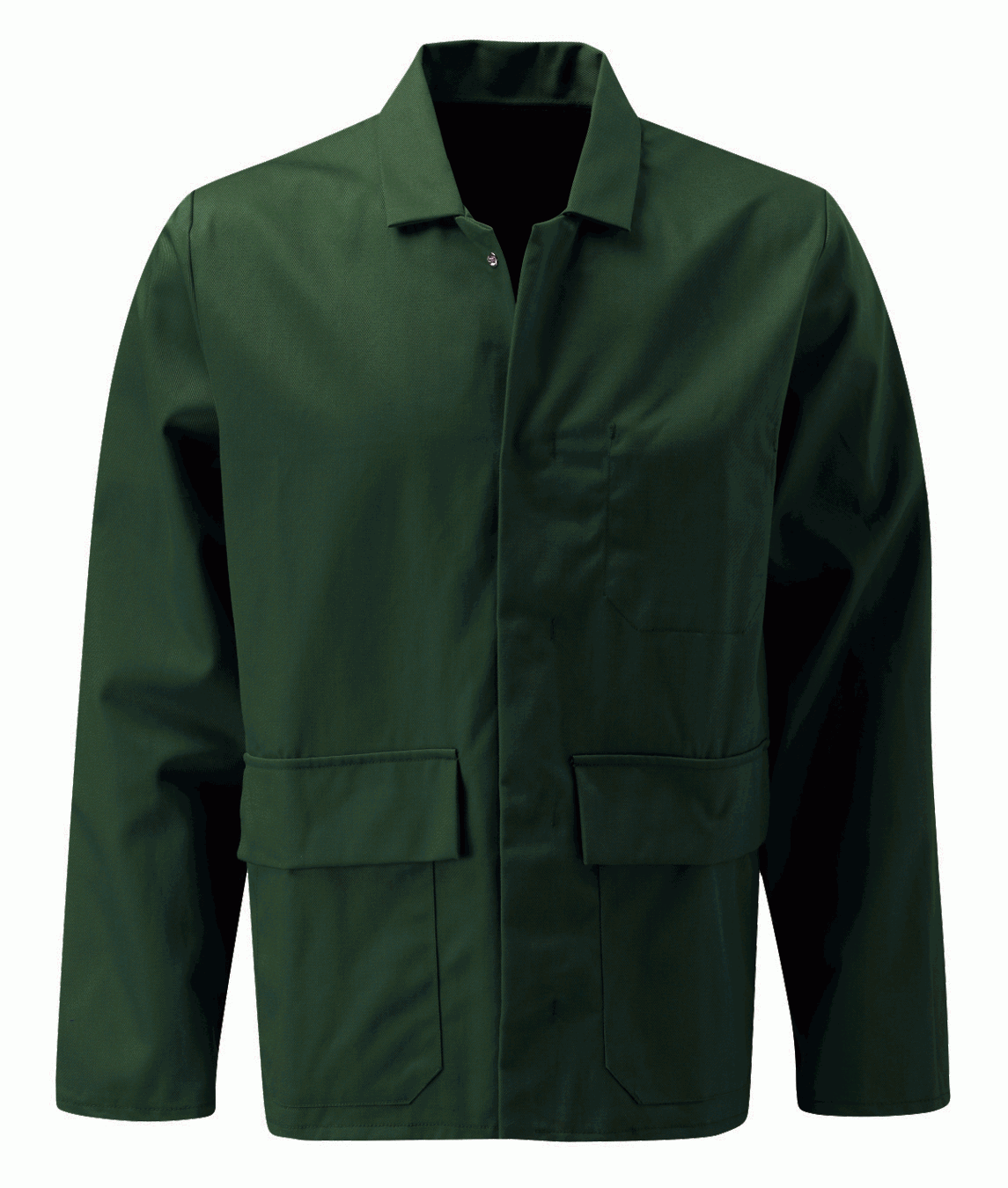 Olive green fire-retardant poly-cotton work jacket with concealed press-stud front, chest pocket, and dual lower pockets. Flame-resistant outerwear for industrial, mechanical, and maintenance applications. Protective jacket by MAK Boots & Garments.
