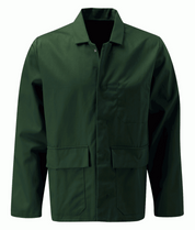 Olive green fire-retardant poly-cotton work jacket with concealed press-stud front, chest pocket, and dual lower pockets. Flame-resistant outerwear for industrial, mechanical, and maintenance applications. Protective jacket by MAK Boots & Garments.
