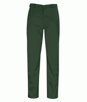 Olive green fire-retardant work trousers with belt loops and button closure. Flame-resistant poly-cotton design built for industrial, maintenance, and agricultural environments. Protective trousers by MAK Boots & Garments.