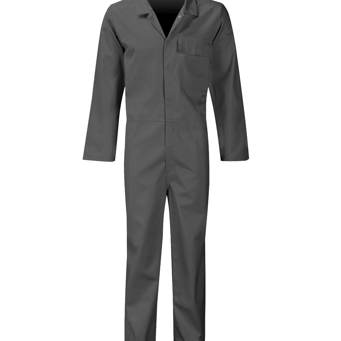 Charcoal grey fire-retardant poly-cotton coverall with a single chest pocket, press-stud closure, and long sleeves. Lightweight flame-resistant workwear for workshops, utilities, and industrial environments. Protective coverall by MAK Boots & Garments.