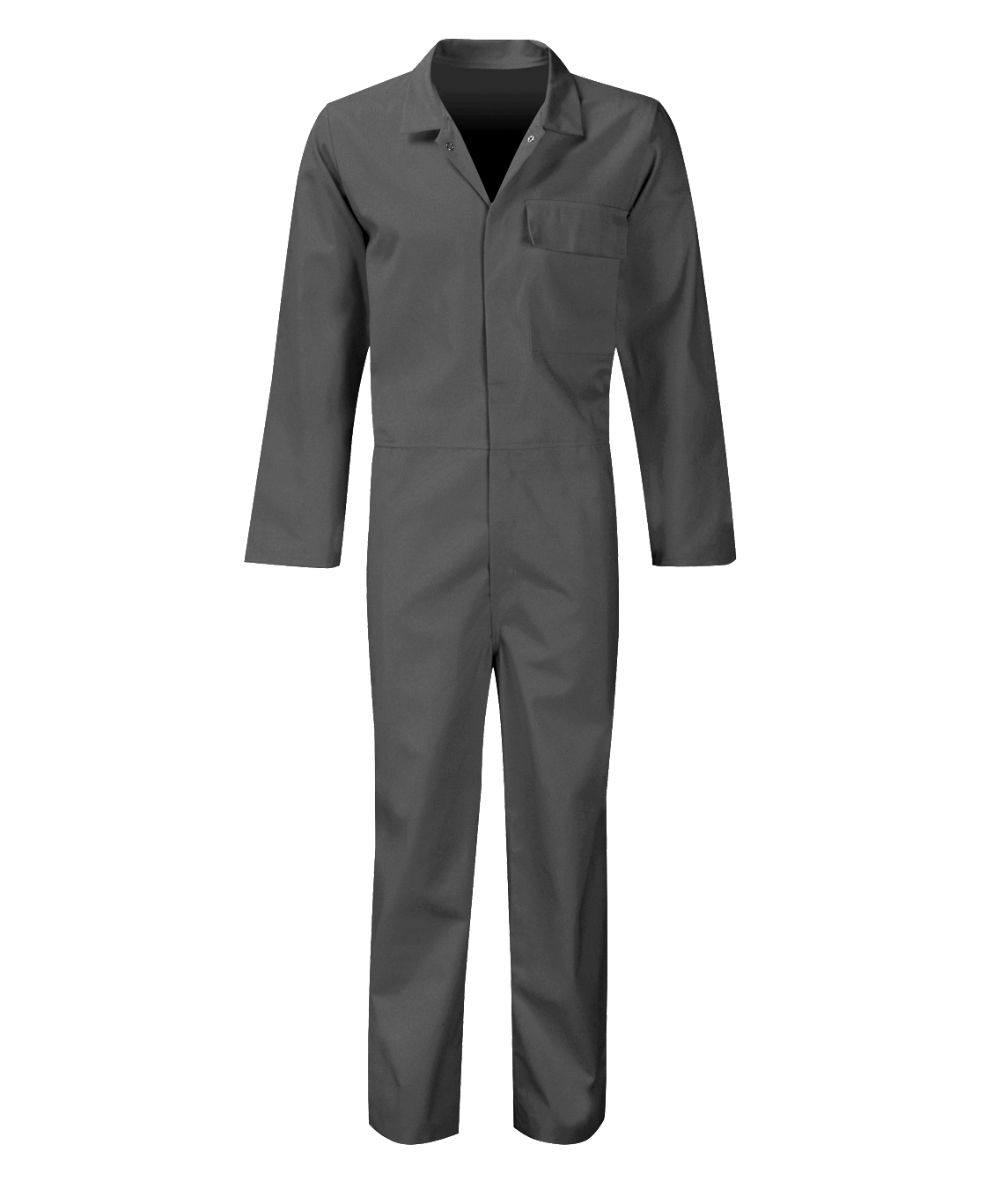 Charcoal grey fire-retardant poly-cotton coverall with a single chest pocket, press-stud closure, and long sleeves. Lightweight flame-resistant workwear for workshops, utilities, and industrial environments. Protective coverall by MAK Boots & Garments.
