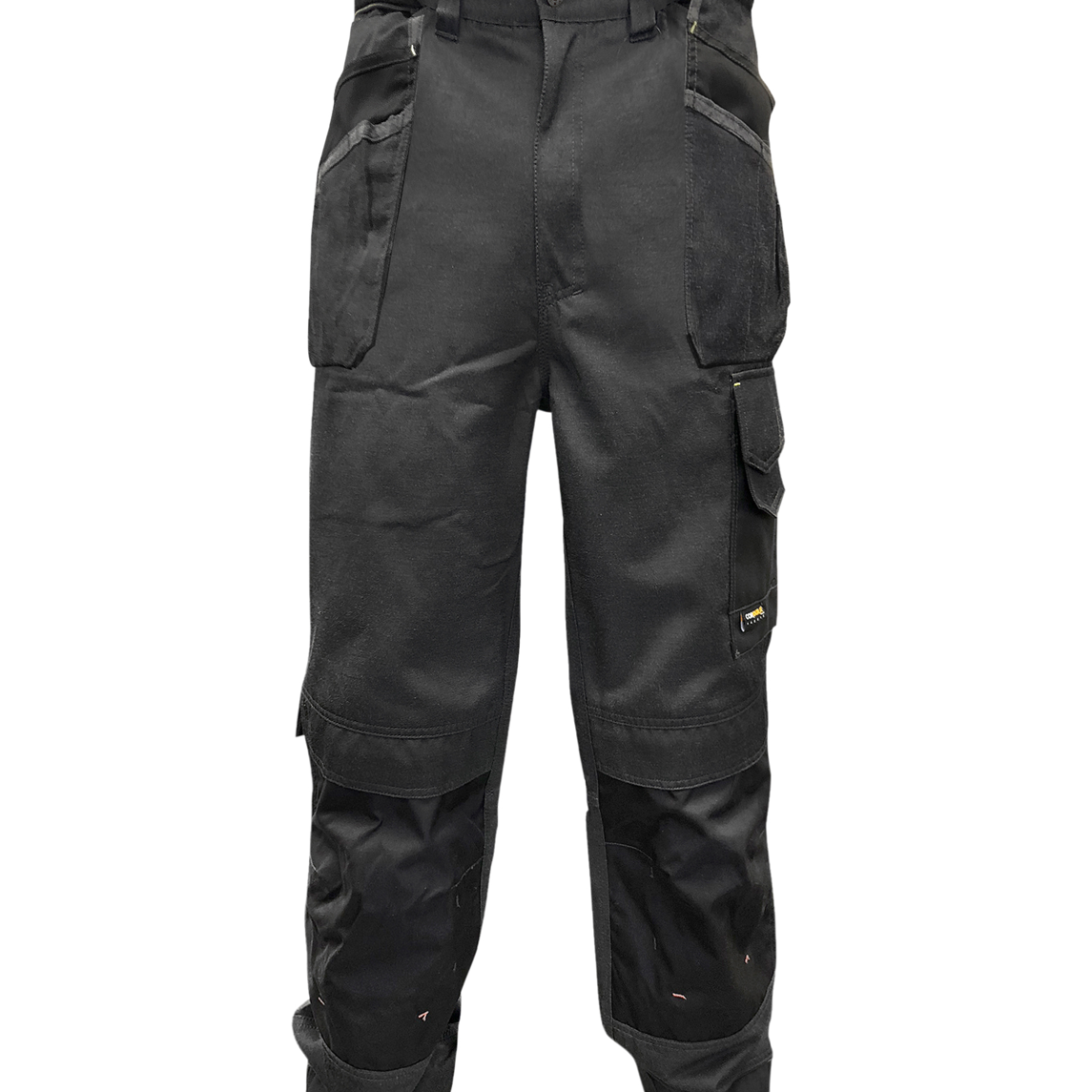  heavy-duty two-tone utility trousers in black, featuring reinforced knee panels, multiple cargo and tool pockets, belt loops, and contrast detailing built for tactical function and rugged durability by MAK Boots & Garments.