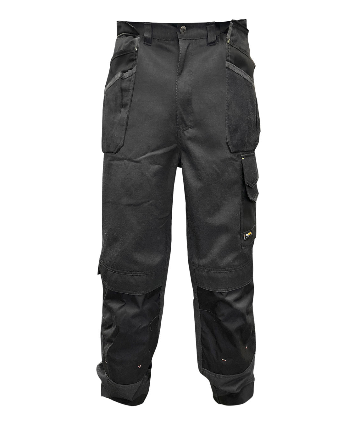  heavy-duty two-tone utility trousers in black, featuring reinforced knee panels, multiple cargo and tool pockets, belt loops, and contrast detailing built for tactical function and rugged durability by MAK Boots & Garments.