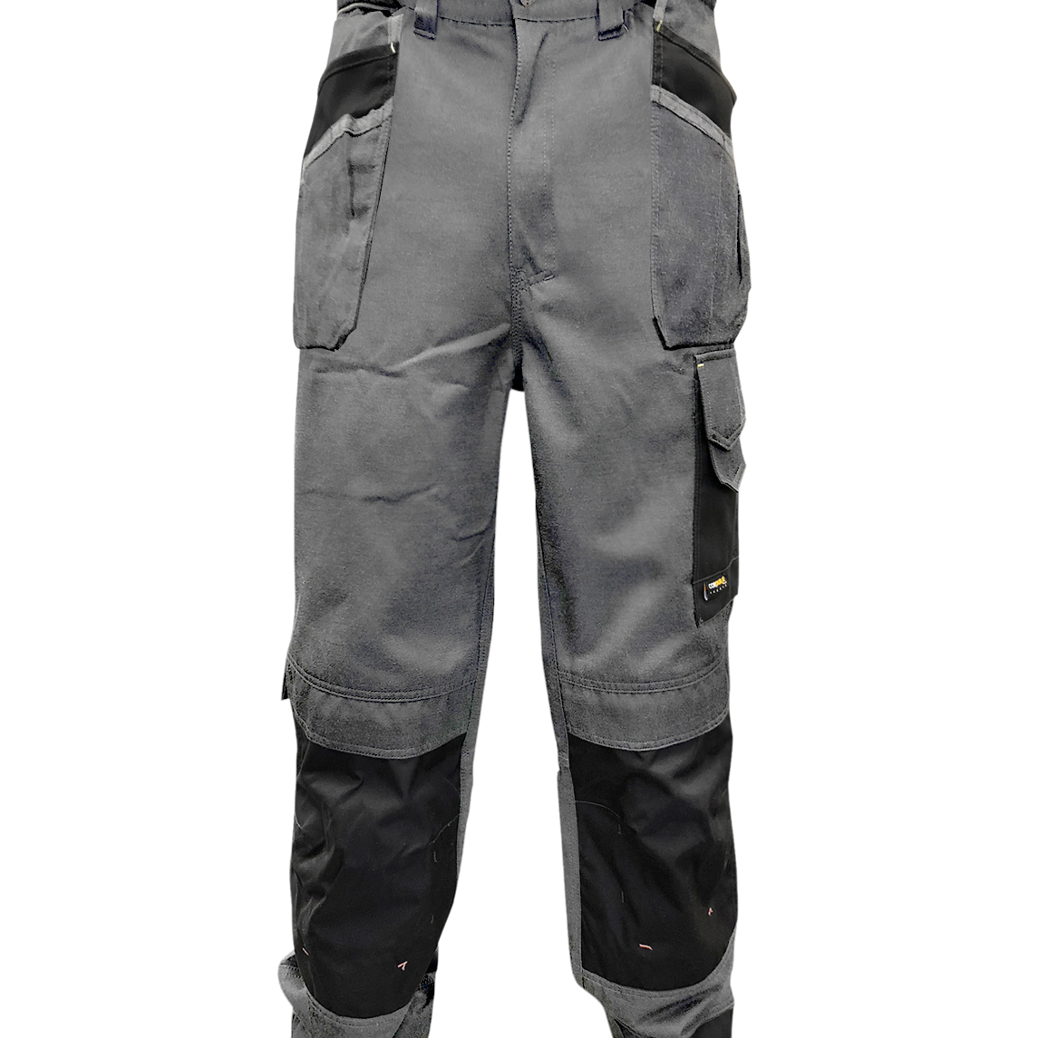 heavy-duty two-tone utility trousers in grey and black, featuring reinforced knee panels, multiple cargo and tool pockets, belt loops, and contrast detailing built for tactical function and rugged durability by MAK Boots & Garments.