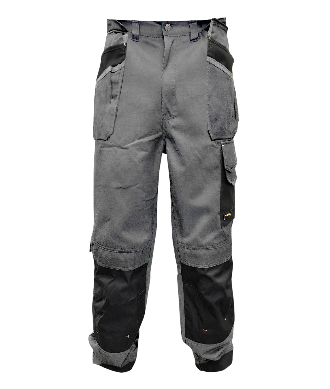 heavy-duty two-tone utility trousers in grey and black, featuring reinforced knee panels, multiple cargo and tool pockets, belt loops, and contrast detailing built for tactical function and rugged durability by MAK Boots & Garments.