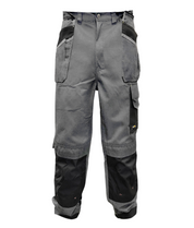 heavy-duty two-tone utility trousers in grey and black, featuring reinforced knee panels, multiple cargo and tool pockets, belt loops, and contrast detailing built for tactical function and rugged durability by MAK Boots & Garments.
