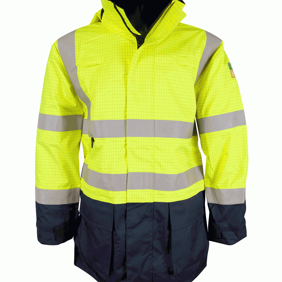 High-visibility yellow and navy waterproof safety jacket with reflective strips, designed for demanding construction, industrial, and roadside environments. Heavy-duty two-tone workwear by MAK Boots & Garments