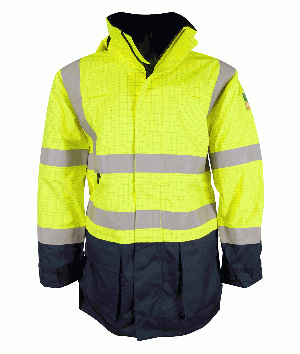 High-visibility yellow and navy waterproof safety jacket with reflective strips, designed for demanding construction, industrial, and roadside environments. Heavy-duty two-tone workwear by MAK Boots & Garments