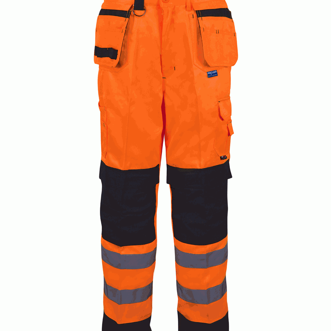 Hi-vis Orange and black work trousers with multiple utility pockets and twin reflective bands on each leg. Reinforced knee panels and holster pockets for added durability and functionality on-site. By MAK Boots & Garments 