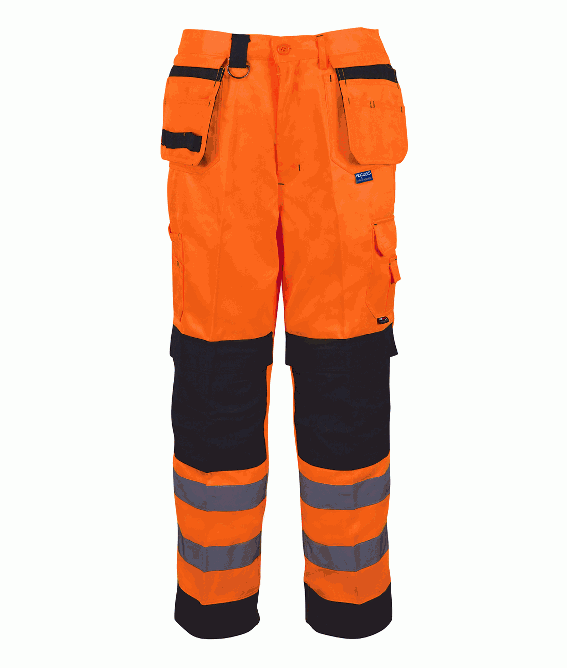 Hi-vis Orange and black work trousers with multiple utility pockets and twin reflective bands on each leg. Reinforced knee panels and holster pockets for added durability and functionality on-site. By MAK Boots & Garments 