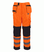 Hi-vis Orange and black work trousers with multiple utility pockets and twin reflective bands on each leg. Reinforced knee panels and holster pockets for added durability and functionality on-site. By MAK Boots & Garments 