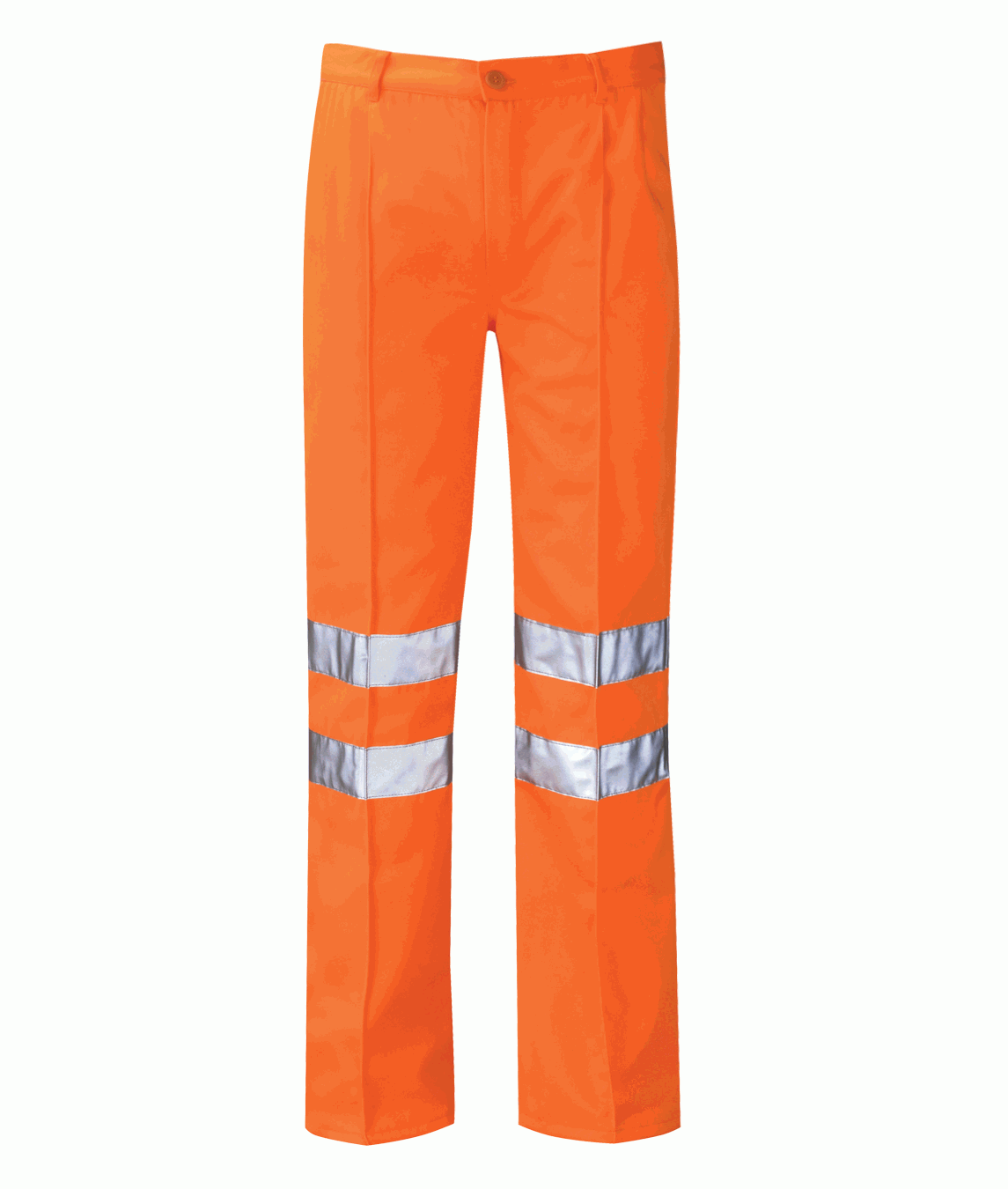 Hi-vis orange work trousers with twin silver reflective bands on each leg. Designed for enhanced visibility and safety in low-light work environments.