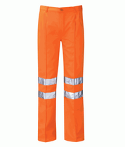 Hi-vis orange work trousers with twin silver reflective bands on each leg. Designed for enhanced visibility and safety in low-light work environments.