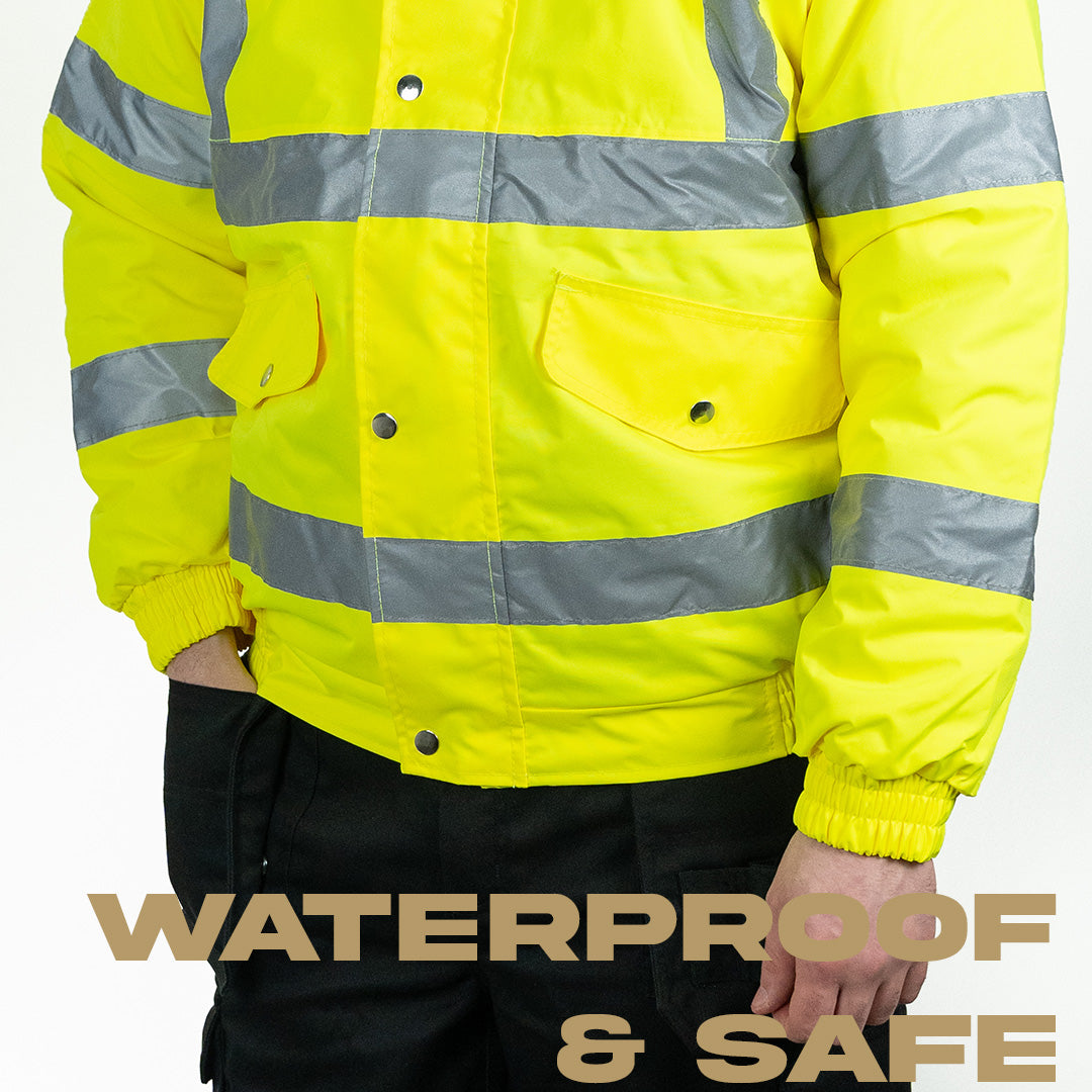 hi vis yellow bomber jacket buttoned up with silver reflective strips