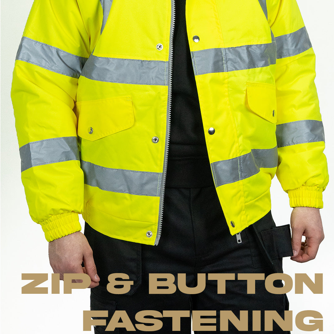 hi vis yellow bomber jacket unzipped with silver reflective strips