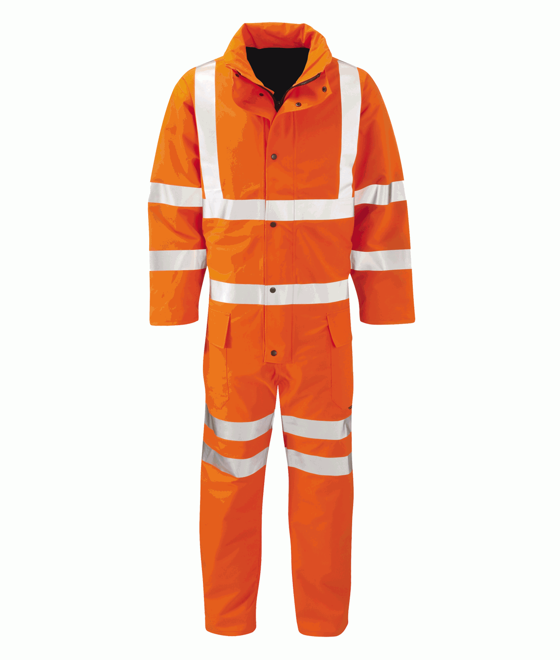 High visibility orange GORE-TEX waterproof coverall with reflective tape across shoulders, arms, waist, and legs. Designed for maximum weather protection and visibility in harsh conditions, with storm flap and secure snap closures.