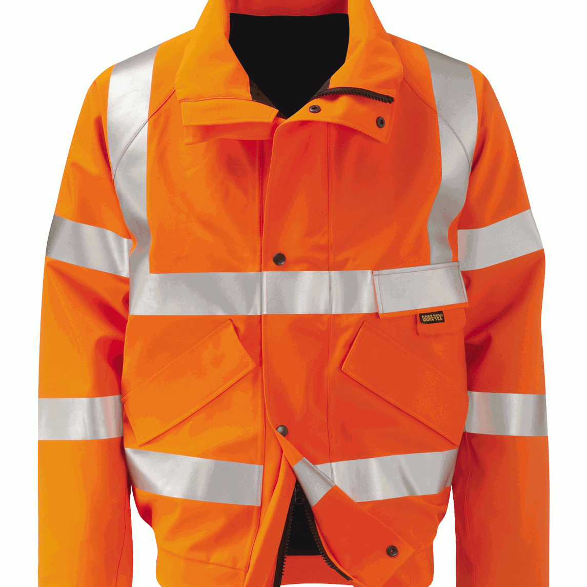 High visibility orange GORE-TEX waterproof jacket with reflective tape across shoulders, arms, chest, and waist. Features multiple storm pockets, front zip with storm flap, and durable weather protection for industrial or railway environments.