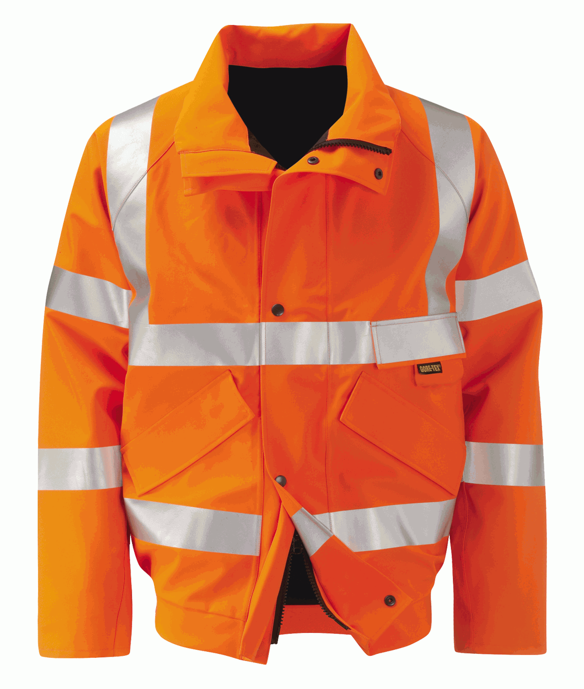 High visibility orange GORE-TEX waterproof jacket with reflective tape across shoulders, arms, chest, and waist. Features multiple storm pockets, front zip with storm flap, and durable weather protection for industrial or railway environments.