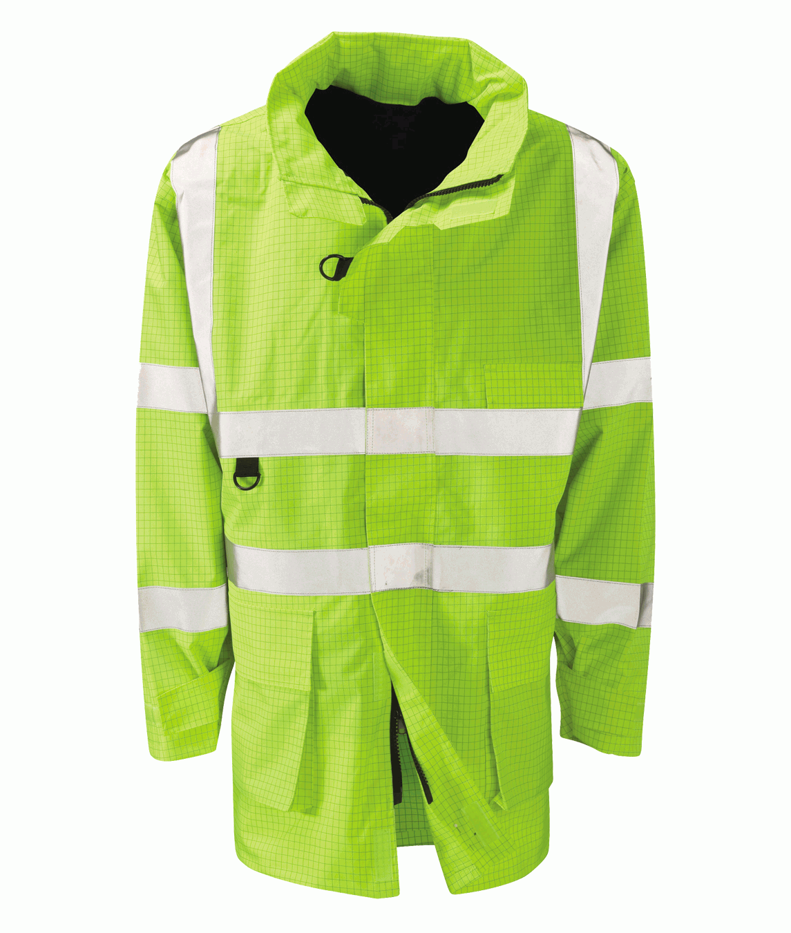 High-visibility lime green waterproof safety jacket with reflective strips, designed for industrial, construction, and road workers. Durable and weather-resistant / waterproof workwear by MAK Boots & Garments