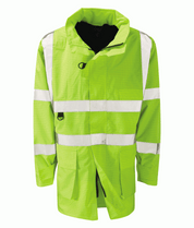 High-visibility lime green waterproof safety jacket with reflective strips, designed for industrial, construction, and road workers. Durable and weather-resistant / waterproof workwear by MAK Boots & Garments
