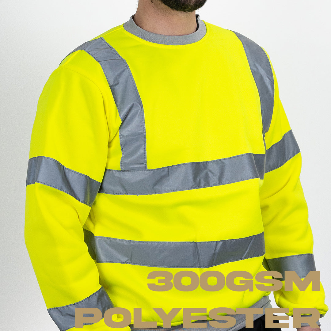 a person wearing hi vis yellow jumper with silver reflective strips