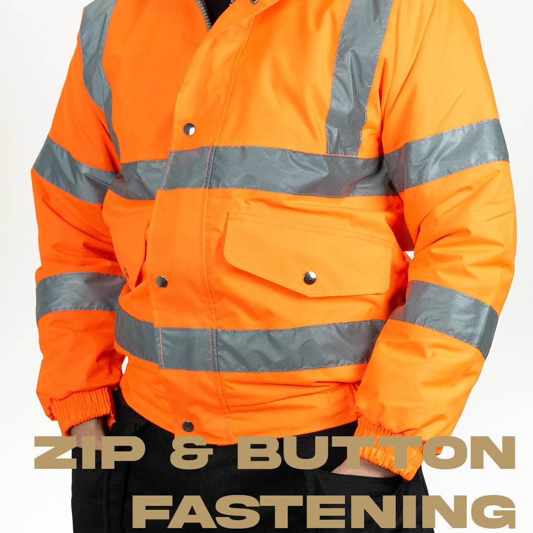 a person wearing hi vis orange bomber jacket with hands in pocket
