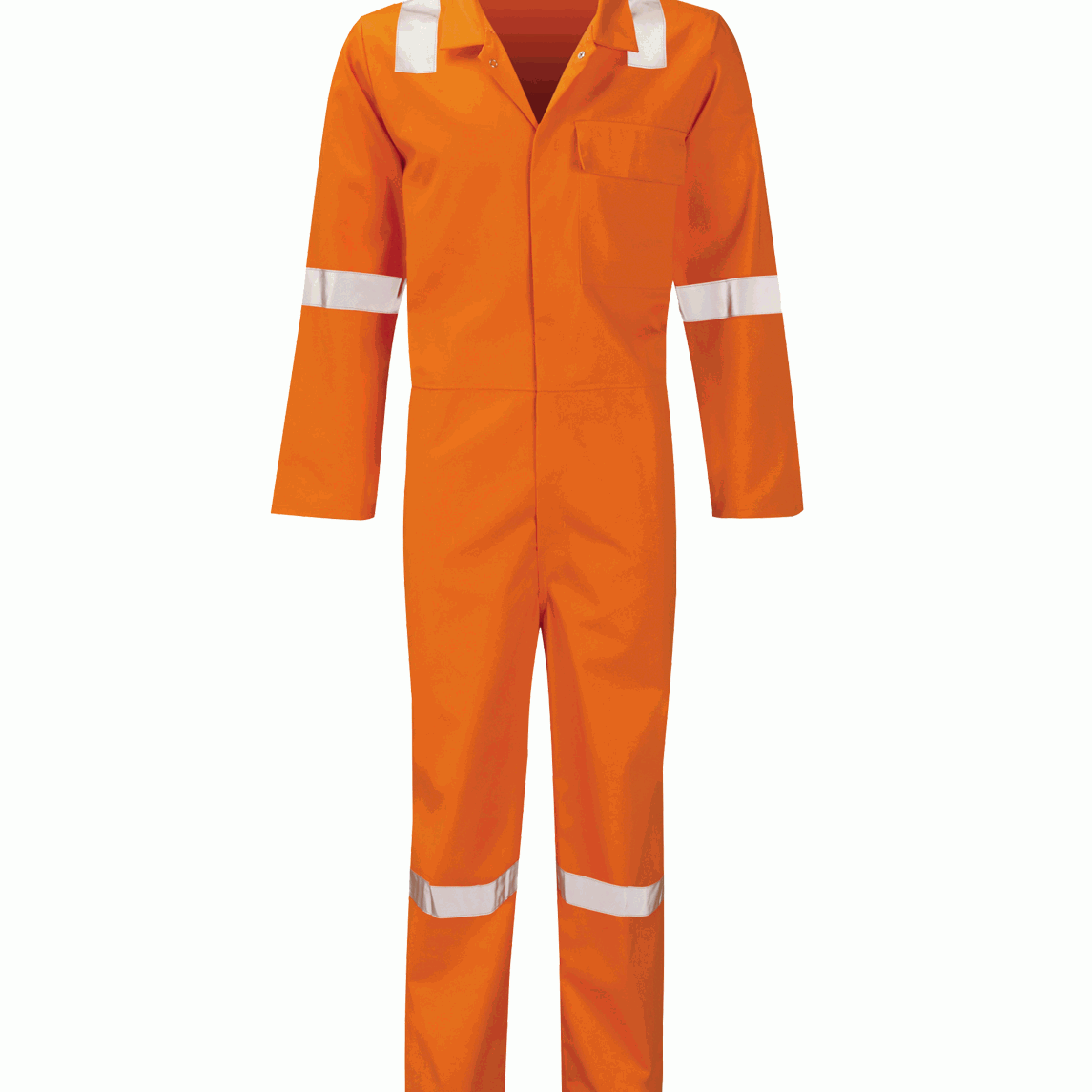 Hi-vis flame-retardant orange coverall with reflective tape on shoulders, arms, and legs. Features a chest pocket and front press-stud fastening. Ideal for utility, oil, and industrial safety work. Certified protective wear by MAK Boots & Garments.