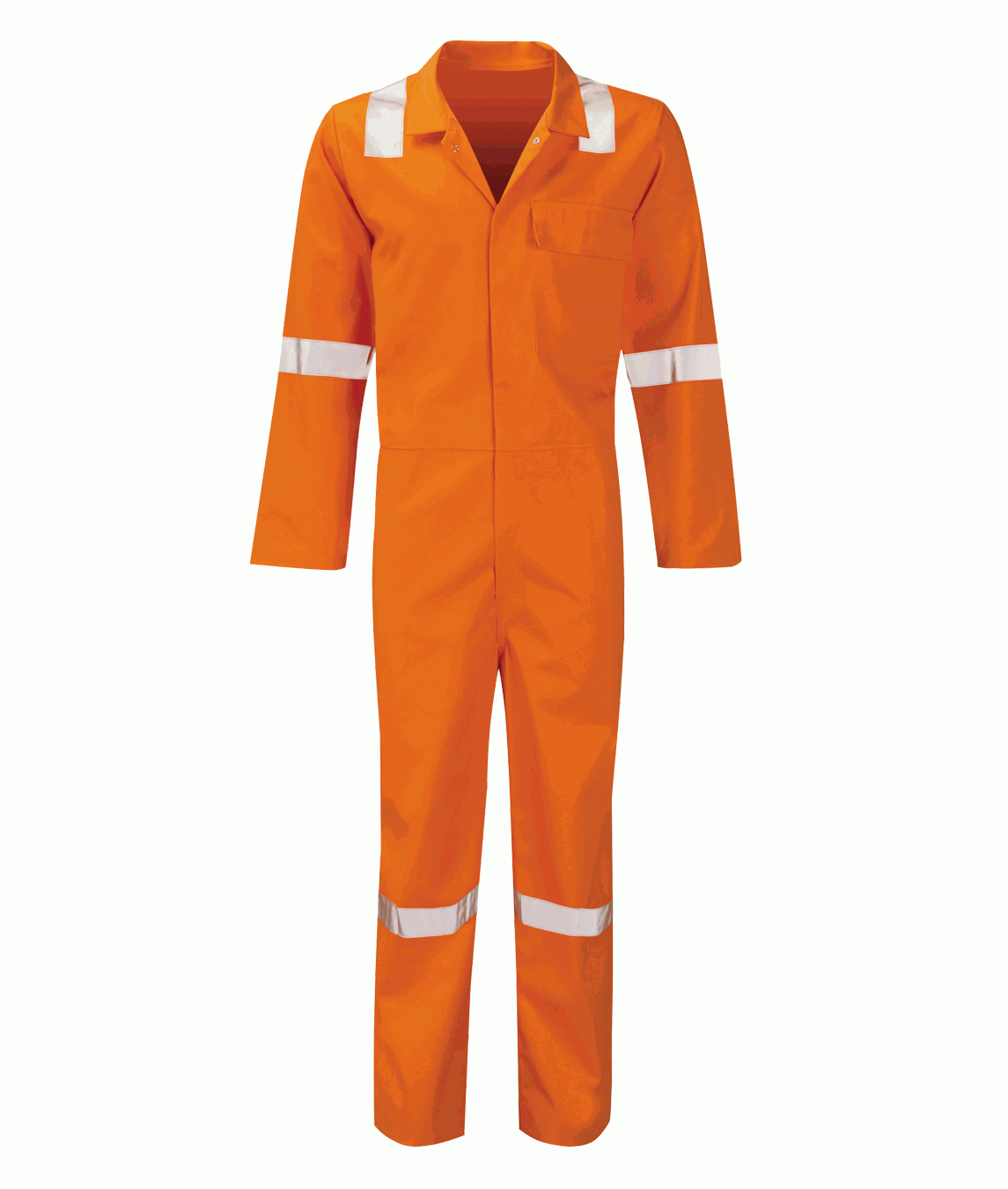 Hi-vis flame-retardant orange coverall with reflective tape on shoulders, arms, and legs. Features a chest pocket and front press-stud fastening. Ideal for utility, oil, and industrial safety work. Certified protective wear by MAK Boots & Garments.